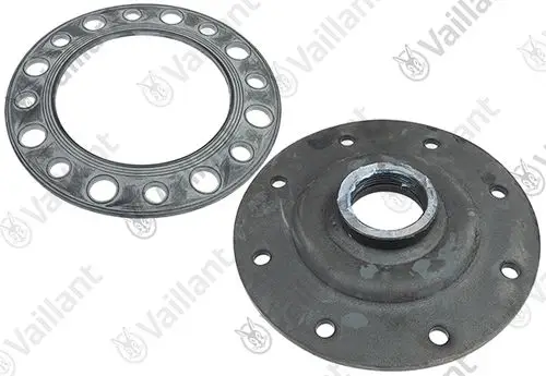 Flansch von Vaillant, bestehend aus zwei Teilen: ein flacher Ring mit Bohrungen und ein konischer, gewölbter Teil mit einer zentralen Öffnung.